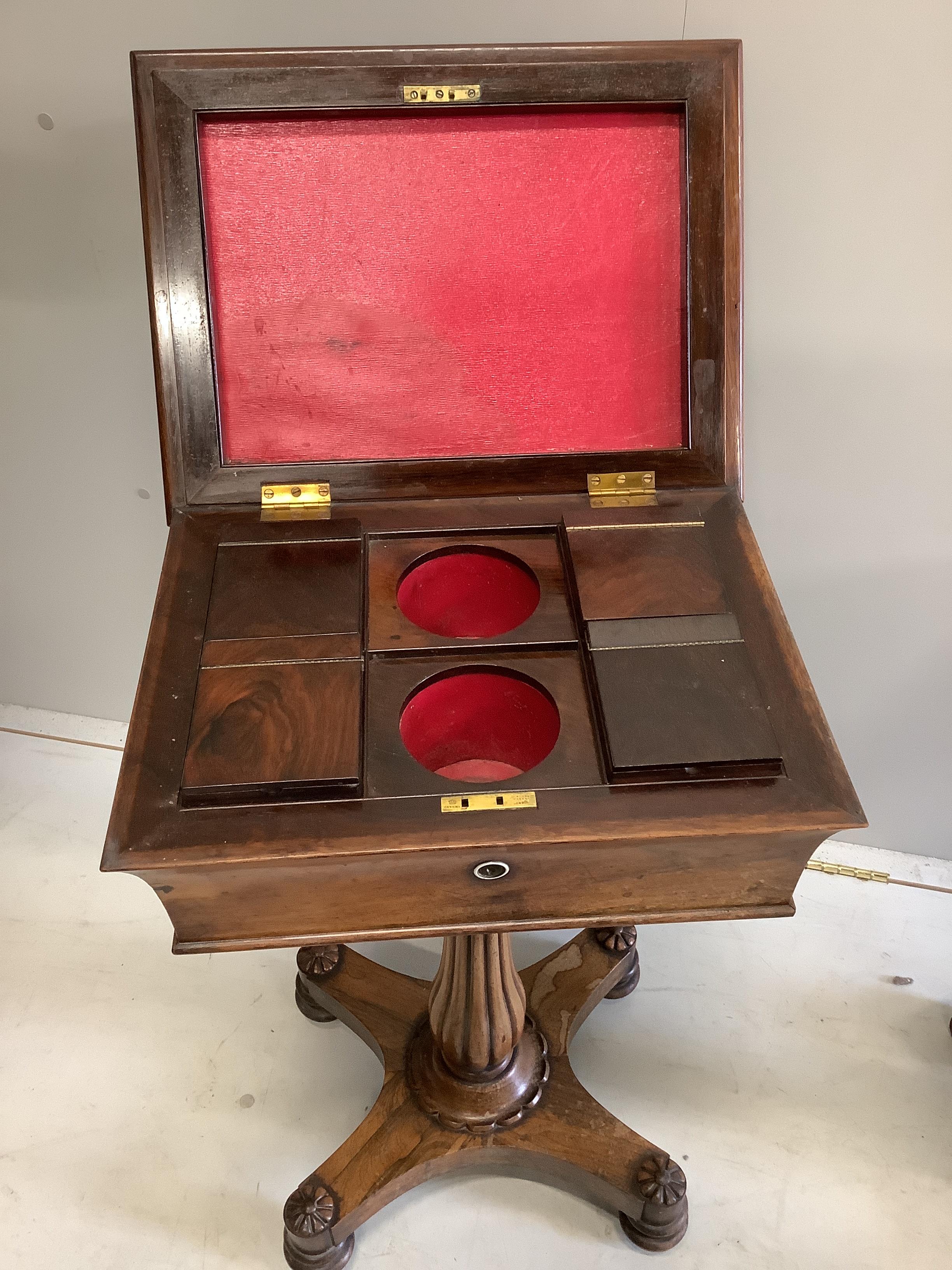 An early Victorian rosewood teapoy, width 47cm, depth 36cm, height 77cm, together with a Victorian circular topped occasional table